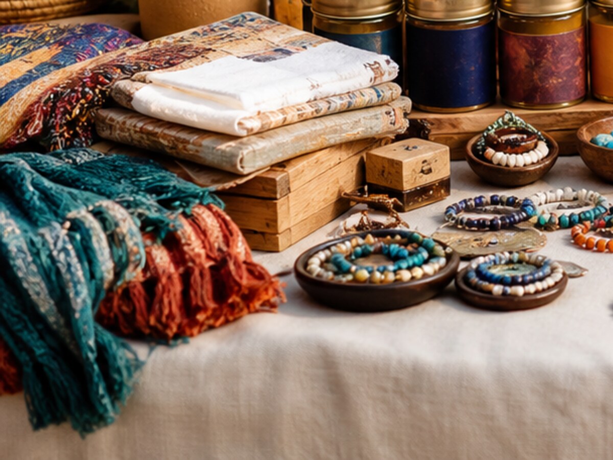 St. Lawrence Linen Scarf styled on a warm Souk market table